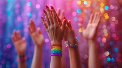 Hands with Rainbow Wristbands Raised for Zero Discrimination Day