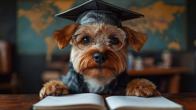 Dog in Graduation Cap and Glasses Studying for Exams