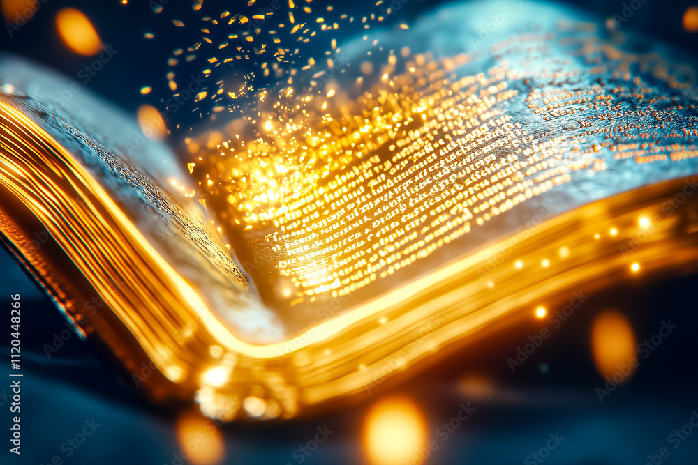 Poster dynamic golden text floats from an ancient magical contract, illuminating the dark surroundings with