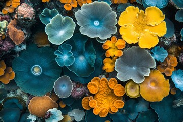 Diverse collection of vibrant corals in multiple colors, including blue, yellow, and orange, arranged in a stunning underwater reef composition