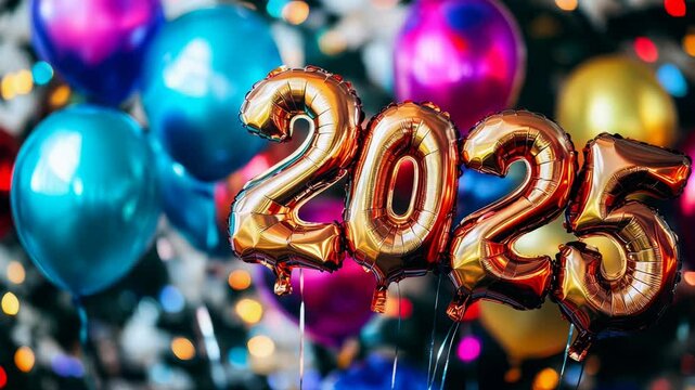 "2025" shaped foil balloons with a colorful bokeh background, New Year's Eve party atmosphere