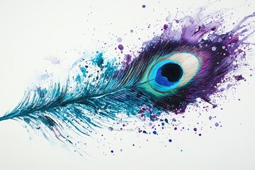 A Peacock Feather with Splashes of Teal and Violet Paint