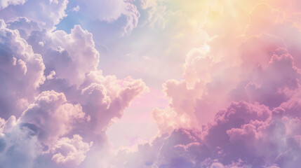 Fototapeta premium Dreamy watercolor background with soft clouds and pastel shades of yellow, pink, and purple creates a serene atmosphere.