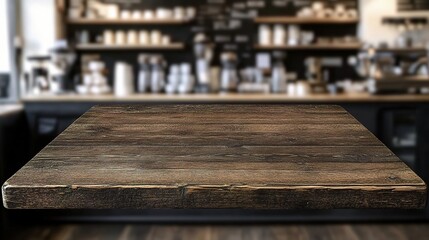 Rustic Wood Table on Coffee Shop Counter with Blurred Background