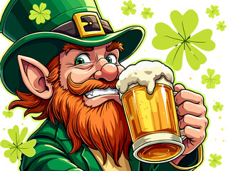 Cheerful leprechaun enjoying a pint of beer surrounded by green shamrocks on a festive background