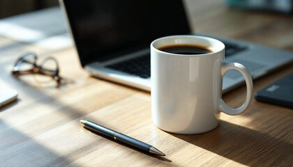 A white coffee mug on a desk with a laptop and pen, creating a simple work setup.

