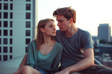 Young couple sitting together on a rooftop at sunset with cityscape in the background