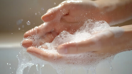 Hygiene and cleaning hands.Washing hands rubbing with soap for coronavirus prevention, and hand hygiene to stop the spreading of coronavirus. Close-up woman hand washing in the kitchen.
