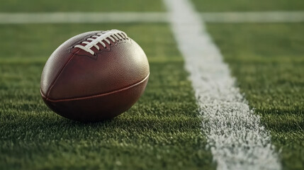 A  big American football on the field, with white lines leading to it and a green background. 