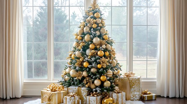Decorated Christmas tree with golden patchwork ornaments, artificial gold balls, and large gift presents, set against a big window.