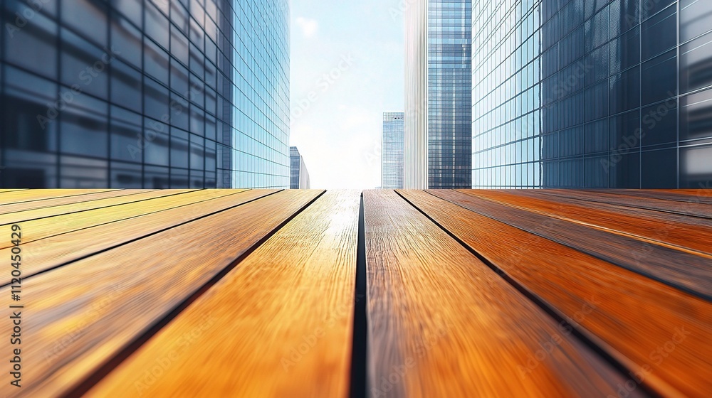 Poster abstract view of wooden table in modern office building setting