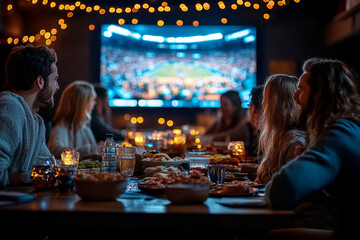 A group of friends sharing food and watching a sports game on a large screen in a cozy setting with warm lights.
