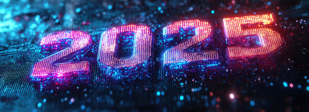 Futuristic digital backdrop featuring the glowing year 2025 with holographic effects and vibrant neon colors for promotional visuals