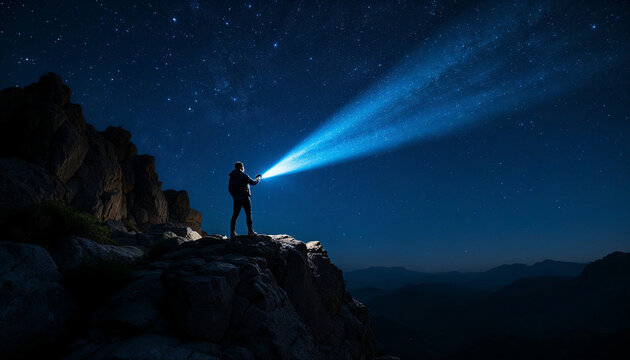 A person on a rocky cliff shines a flashlight beam into a starry night sky.

