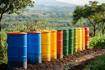 Colorful barrels lined up along a rural path in a vibrant landscape during a sunny day in the countryside