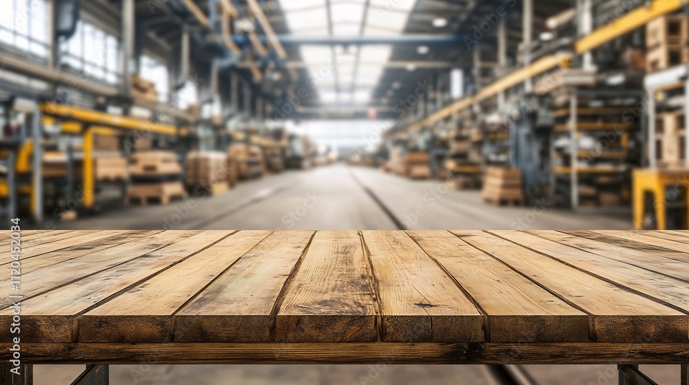 Poster empty wooden table in blurred store factory background