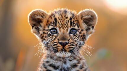 A young leopard cub sits attentively, its large curious eyes reflecting the golden sun