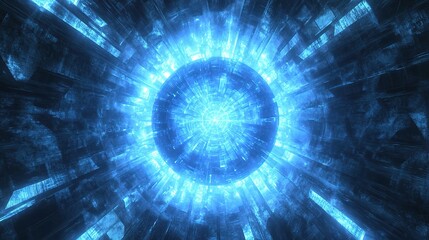 Abstract Glowing Blue Light Rays Radiating from Central Sphere