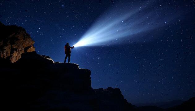 A person on a rocky cliff shines a flashlight beam into a starry night sky.

