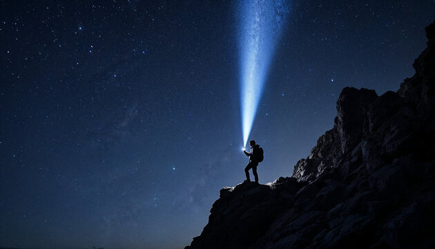 A person on a rocky cliff shines a flashlight beam into a starry night sky.

 - Powered by Adobe