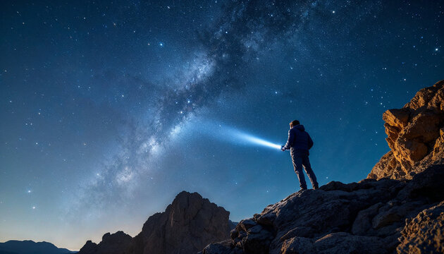 A person on a rocky cliff shines a flashlight beam into a starry night sky.

