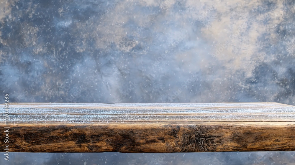 Poster Empty Wooden Table with Winter Snowfall Background in Soft Focus