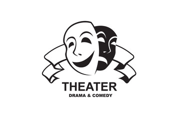 icon of comedy and tragedy theatrical masks with ribbon isolated on white background