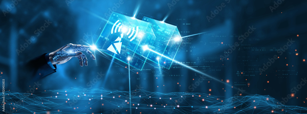 Poster telecommunications: businessman mechanical robotic hand touching telecommunications network technolo