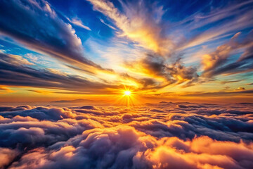 Fototapeta premium Vibrant sunset above a sea of clouds, showcasing dramatic colors and dynamic sky.