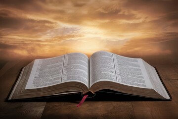 Fototapeta premium The Bible and sunrise An open book or an open Bible rests on a rustic picnic table under a vast dramatic sky and clouds