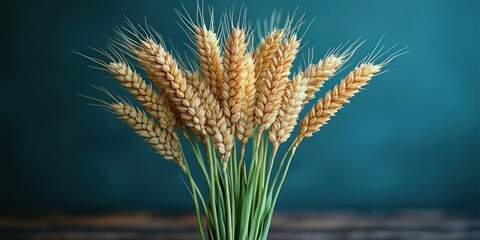 Fototapeta premium A Bouquet of Wheat Stalks Against a Teal Background