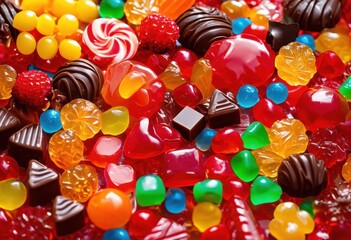 Fototapeta premium colorful close assortment delicious vibrant candies capturing different shapes textures, candy, sweets, chocolate, lollipop, gummy, jelly, treat