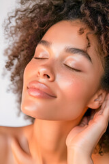 Naklejka premium Closeup of young woman's face with glowing skin without makeup on light background