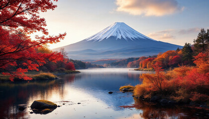 Obraz premium A serene view of Mount Fuji reflected in a lake surrounded by vibrant autumn foliage.