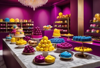 Naklejka premium stunning display vibrant sweets artfully arranged unique shapes textures bold colors glorious finishes, desserts, candy, treats, flavors, arrangement