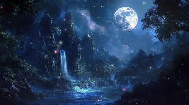 Majestic waterfall under full moon at night with glowing mist and serene atmosphere
Seamless looping 4k time-lapse virtual video animation Generated AI