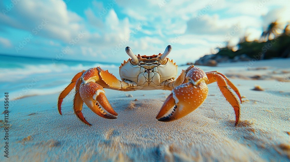 Poster in a vivid coastal setting, a colorful crab emerges from the sand, showcasing its detailed shell and