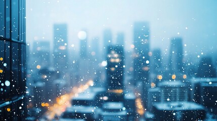 Winter Cityscape View Through Glass Window with Blurred Background