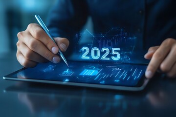 Hands typing on a laptop with a digital display showing “2025” symbolizing innovation and future technology.AI GENERATED 