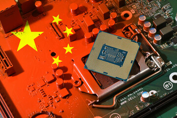 Flag of the Republic of China on a red painted pc motherboard with a CPU. Concept for supremacy in...