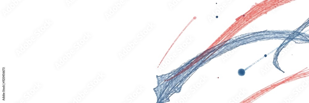 Poster minimalist art design with fluid, dynamic lines in shades of red and blue, creating a sense of motio