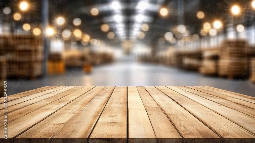 Poster empty wooden table on blurred background in storage factory setting