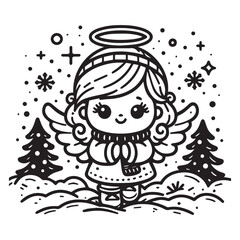 little snow angel in a snowy field vector black color white color background 