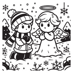 little snow angel in a snowy field vector black color white color background 