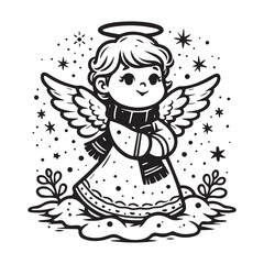 little snow angel in a snowy field vector black color white color background 