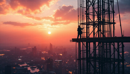 A laborer on scaffolding atop a skyscraper during a vibrant sunset.


