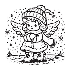 little snow angel in a snowy field vector black color white color background 