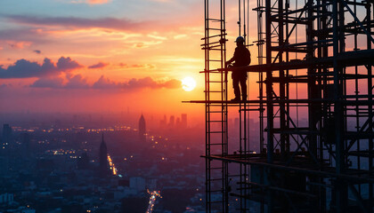 A laborer on scaffolding atop a skyscraper during a vibrant sunset.

