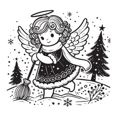 little snow angel in a snowy field vector black color white color background 
