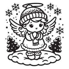 little snow angel in a snowy field vector black color white color background 